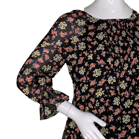 Free People Chiffon Baby Doll Dress Floral 3/4 Sleeve Size 0 Black and R… - Picture 4 of 14